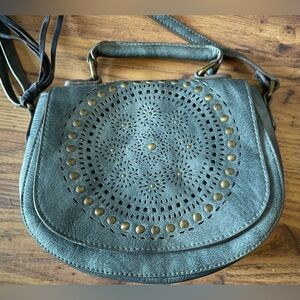 Gray leather-look studded crossbody boho bag